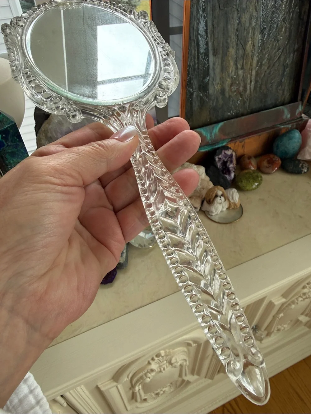 Vintage Clear Lucite Handheld Vanity Mirror